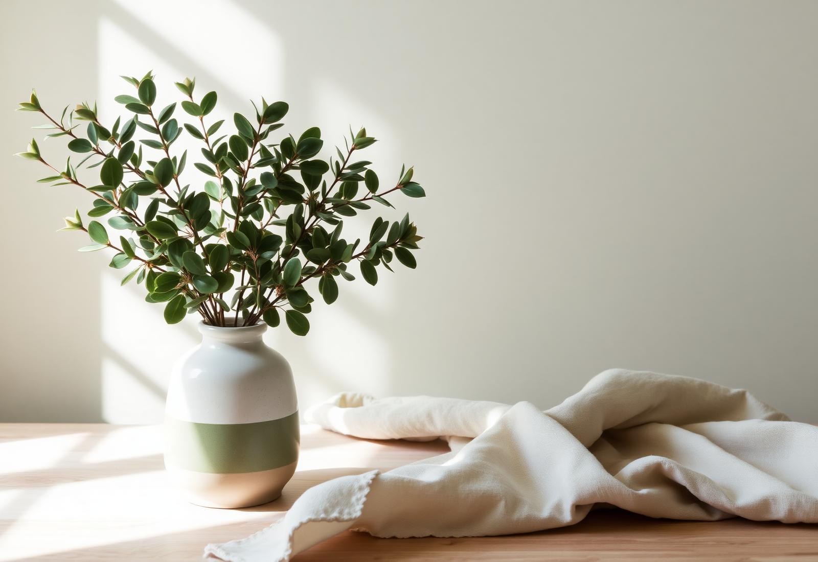 Eucalyptus in a ceramic vase beside folded linen on a timber surface